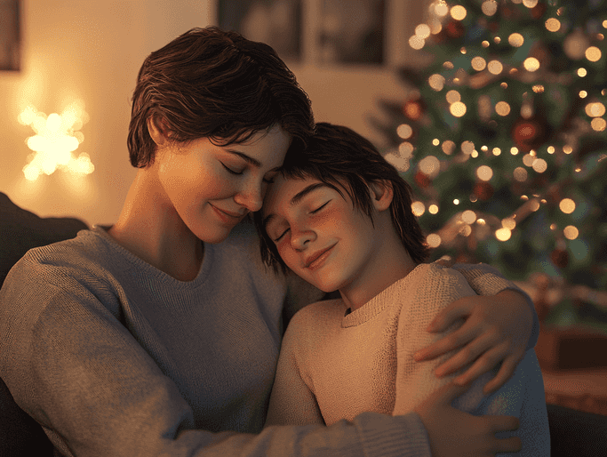 A warm and festive Christmas setting with a mother and teenage son sharing a heartfelt moment