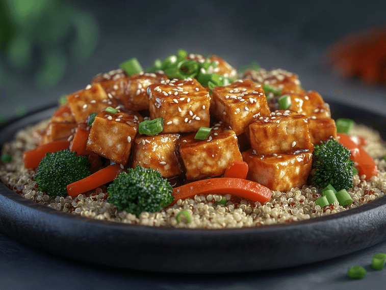 A vibrant tofu stir-fry with quinoa and fresh vegetables