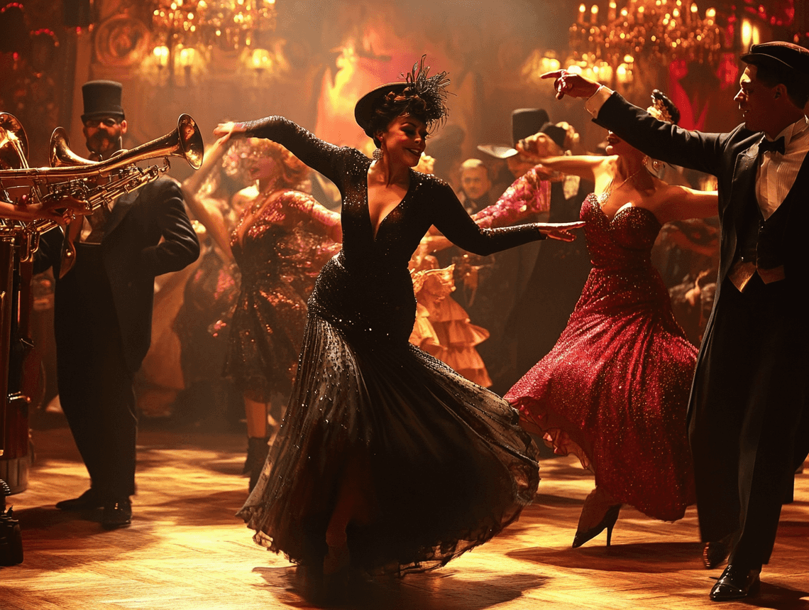 A scene from a musical movie with dramatic lighting and a powerful performance