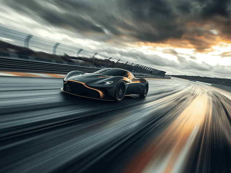 The Aston Martin Valhalla speeding down a racetrack, emphasizing its performance and agility