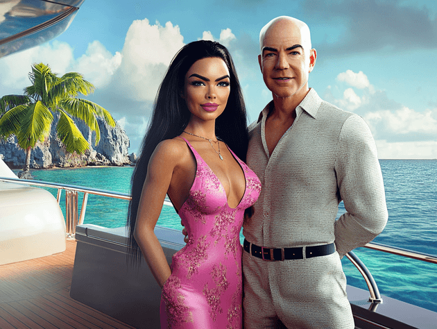 A luxury yacht anchored near a tropical island, with a stylish woman in pink on deck