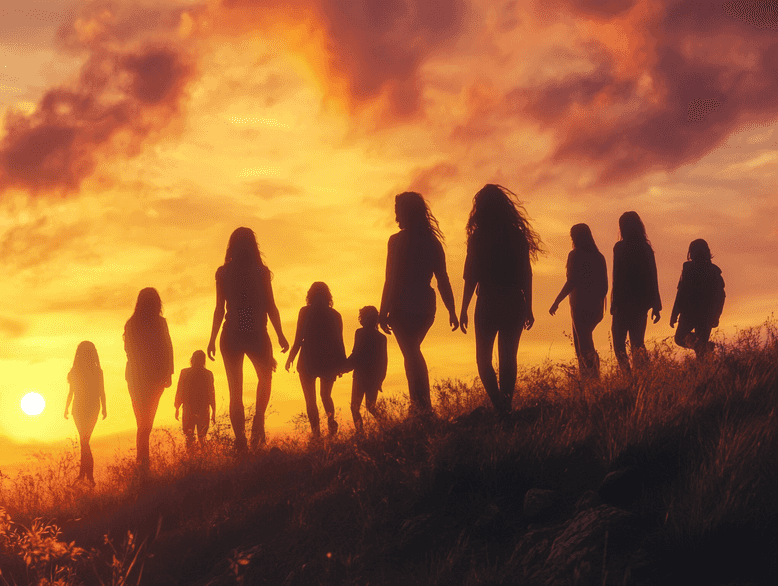 A hopeful image of women standing together, looking toward the horizon.