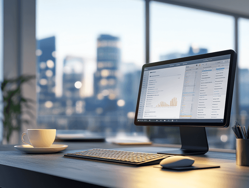 A professional workspace with a laptop, notepad, and a timer running on the screen