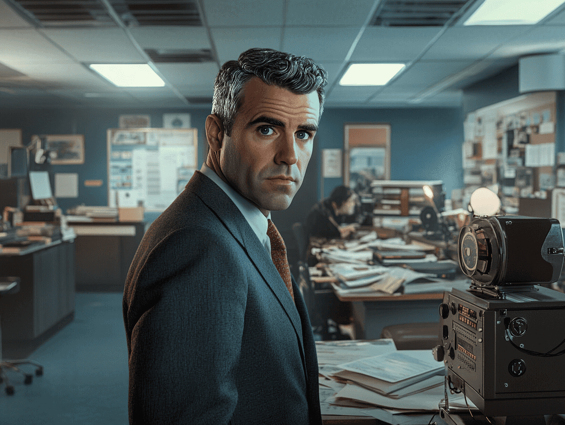 Andy Cohen on a glamorous set, holding a microphone and smiling
