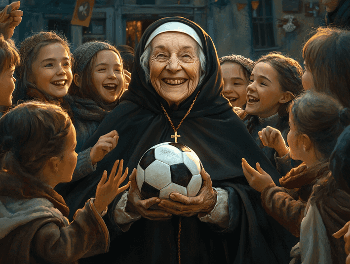 A crowd of people celebrating with an elderly nun, symbolizing the global admiration for Sister Maria