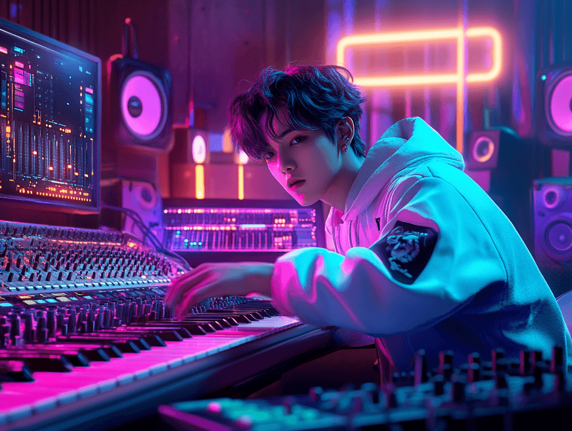 A vibrant and artistic representation of a K-pop album cover with futuristic elements and bold colors