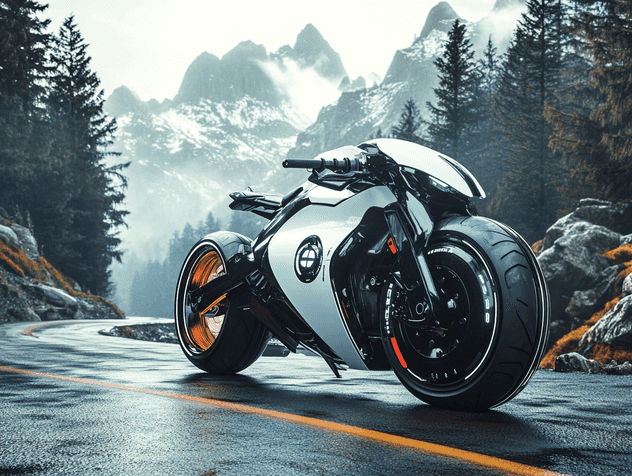 A futuristic concept of an electric motorcycle riding through a forest with glowing trails