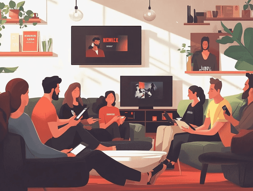 A futuristic concept of Netflix integrating gaming and live events into its platform