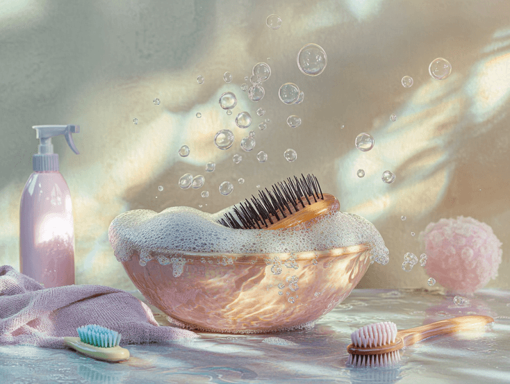 A variety of clean, new hairbrushes on a wooden surface