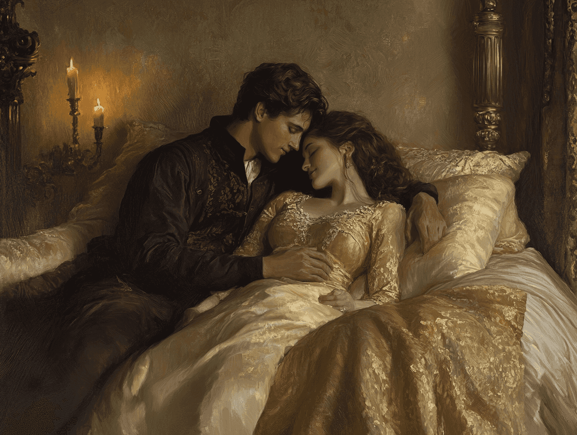 A confident couple embracing under dramatic lighting