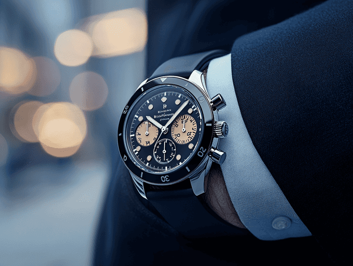 A stylish man wearing the Blancpain Bathyscaphe Flyback Chronograph, highlighting its versatility for everyday use