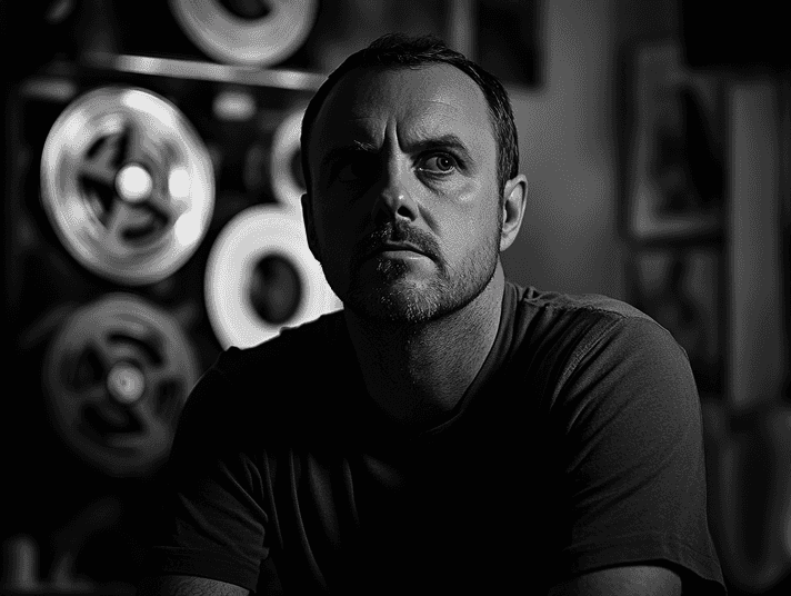 A black-and-white portrait of Jeff Baena, looking contemplative, with a blurred background of film reels and scripts