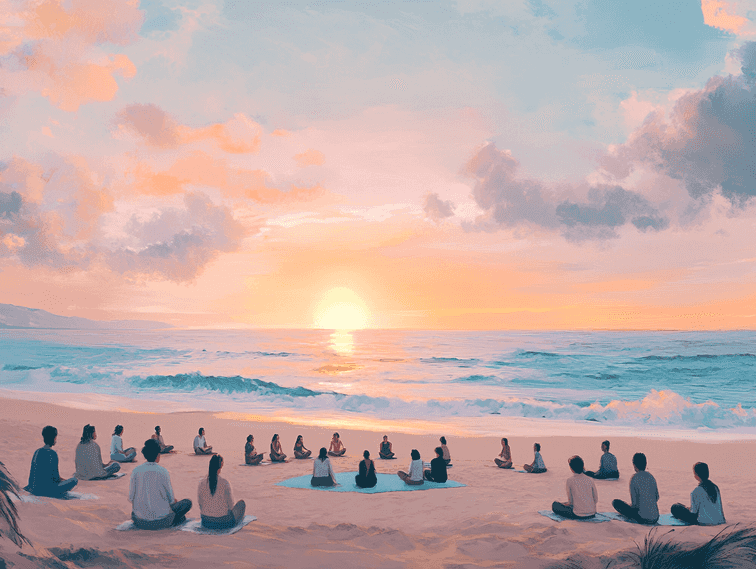 A vibrant festival scene with eco-friendly tents, people dancing in nature, and colorful decorations