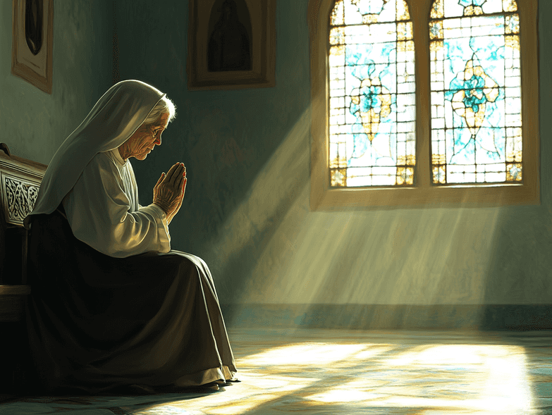 A serene elderly nun smiling while holding a soccer ball, symbolizing her love for the sport