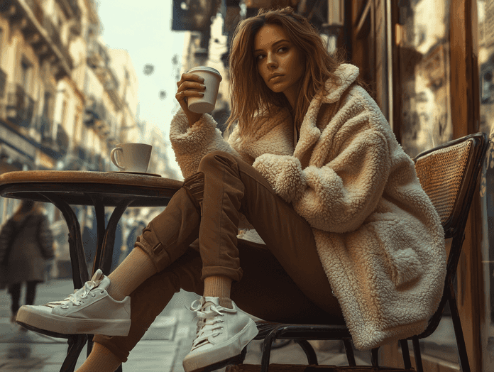 A woman wearing a neutral base outfit with a camel coat, walking through a park in autumn
