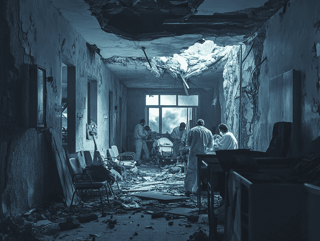 Emergency responders working amidst rubble in Gaza