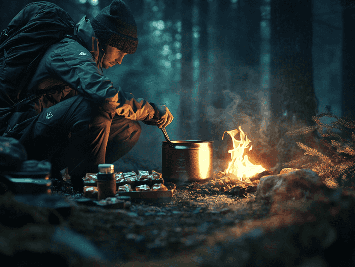 A scenic view of a campsite with a backpacker cooking a meal
