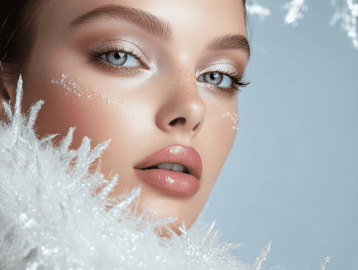 A model showcasing frosty makeup with glowing skin and glossy lips