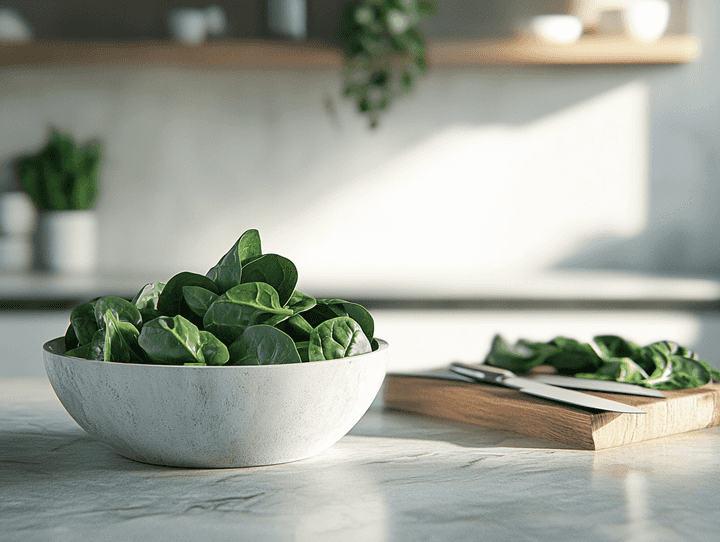 A fresh bowl of spinach leaves on a kitchen counter