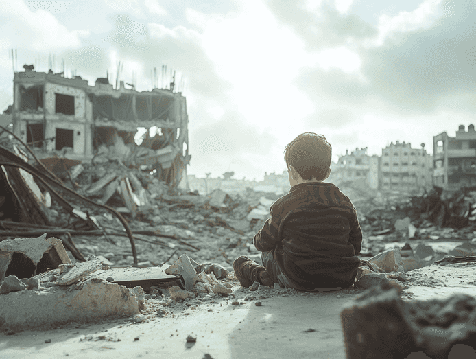 A child sitting amidst rubble in Gaza, looking towards the horizon