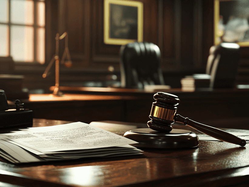 A courtroom gavel and legal documents on a desk