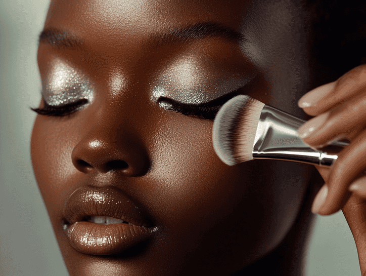 A makeup artist applying silver eyeshadow on a model, highlighting the shimmer and precision