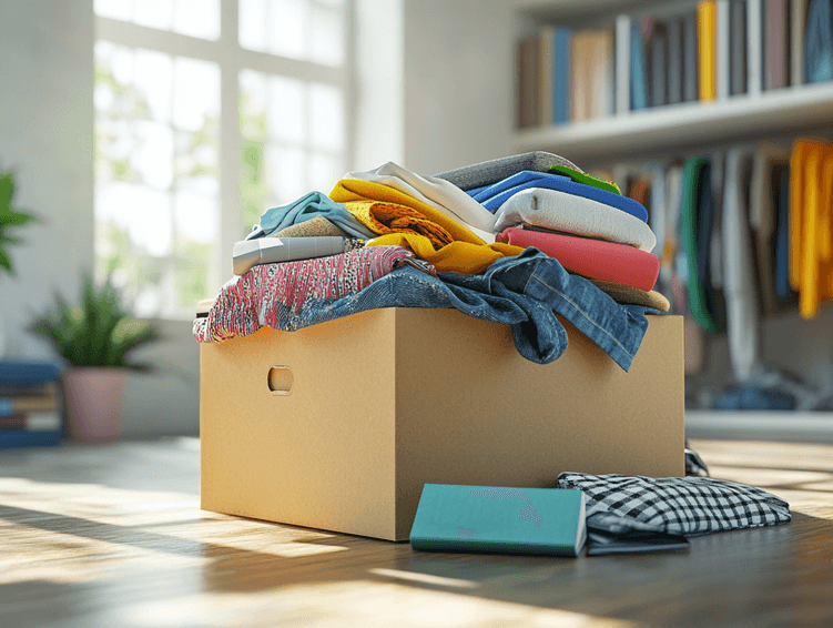 A donation box filled with clothes and household items ready to be given away