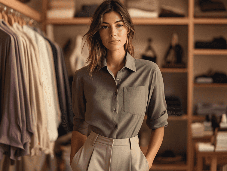 Close-up of a Frank and Eileen cashmere sweater folded neatly on a wooden table