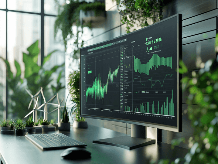A futuristic financial dashboard with AI analytics and predictive graphs