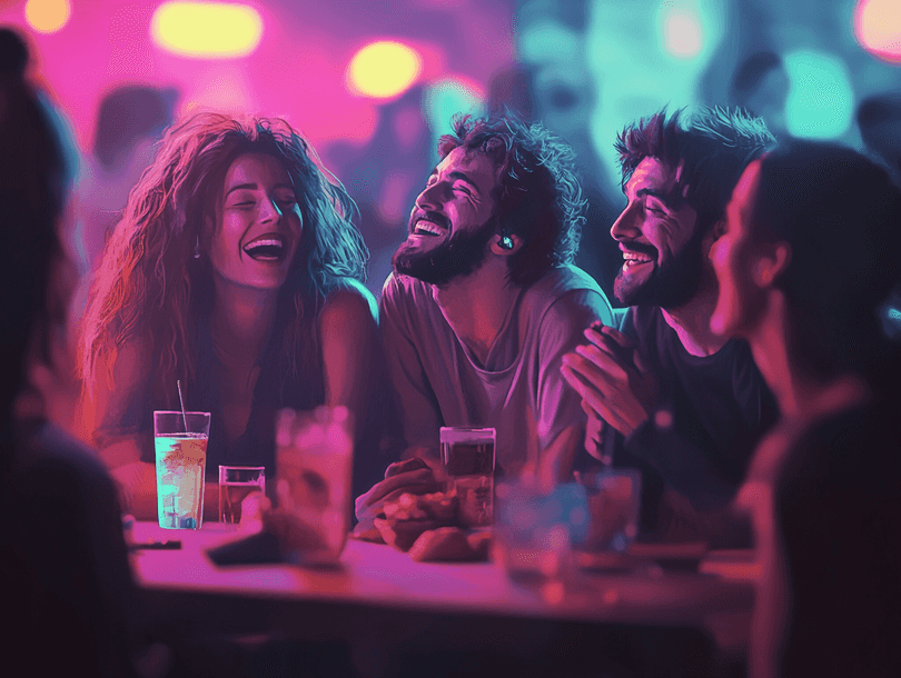 A group of friends laughing together at a comedy event