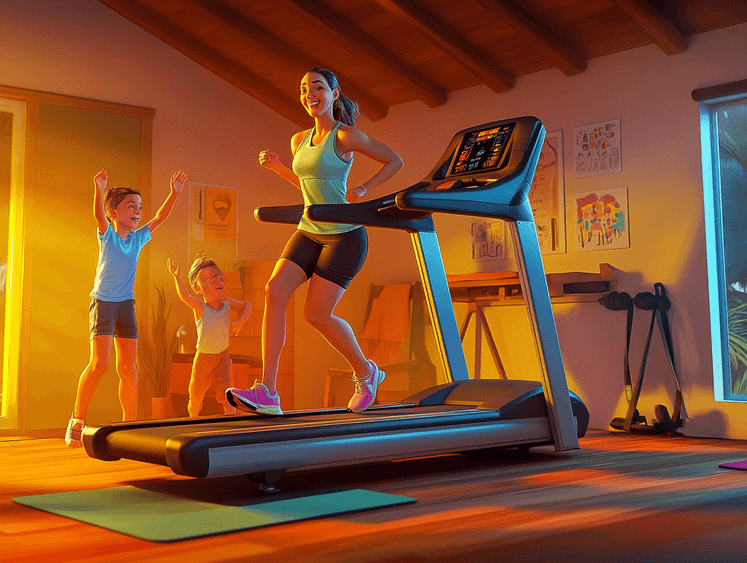 A happy family using a treadmill together in a cozy home gym