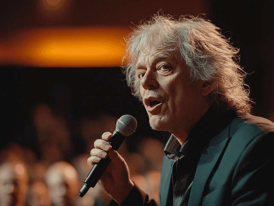 A photorealistic image of Bob Geldof speaking passionately at a public event