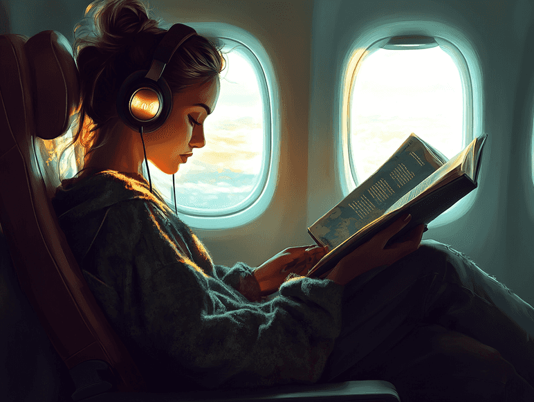 A serene airplane cabin with passengers looking relaxed and calm