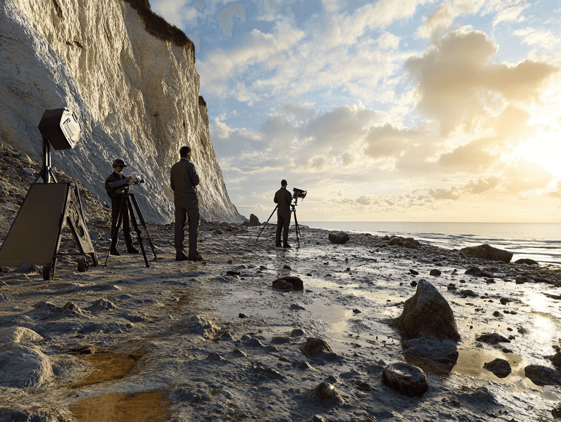 Scientists using 3D scanning equipment on dinosaur footprints