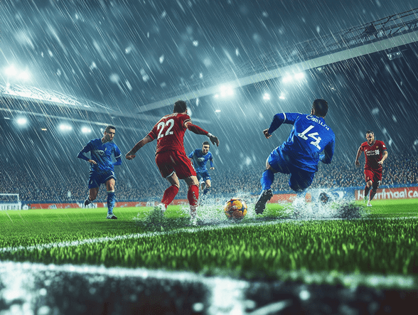 A tense football match scene with players in action on a rainy evening
