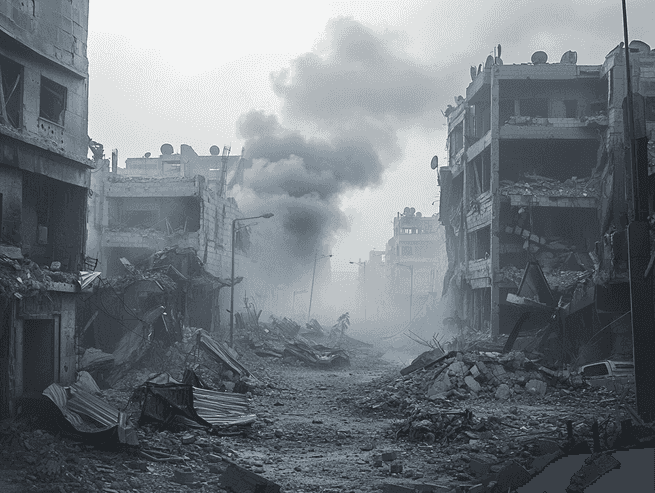 A war-torn cityscape with smoke rising from buildings, symbolizing the destruction caused by airstrikes