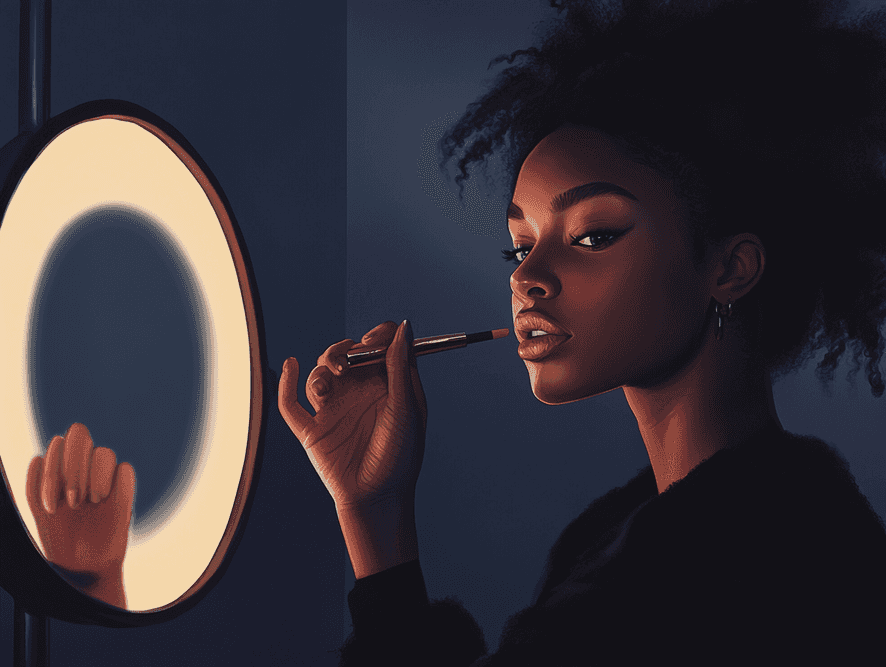 A collection of neutral-toned makeup products on a vanity table