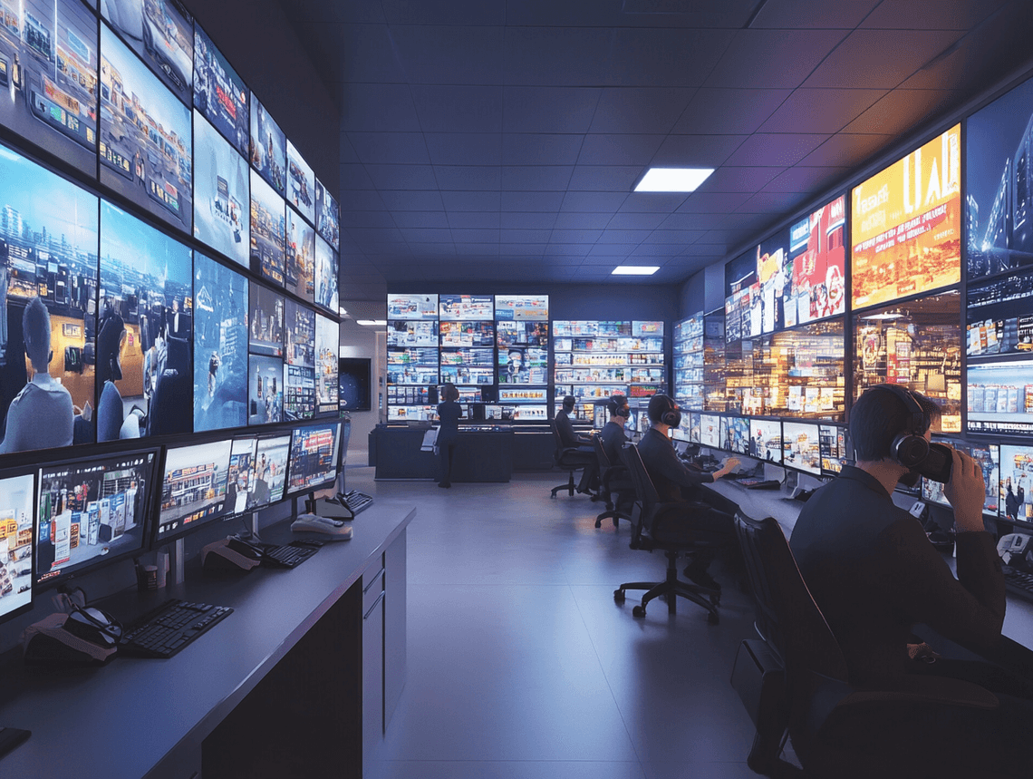 A remote worker assisting a customer through a screen in a convenience store