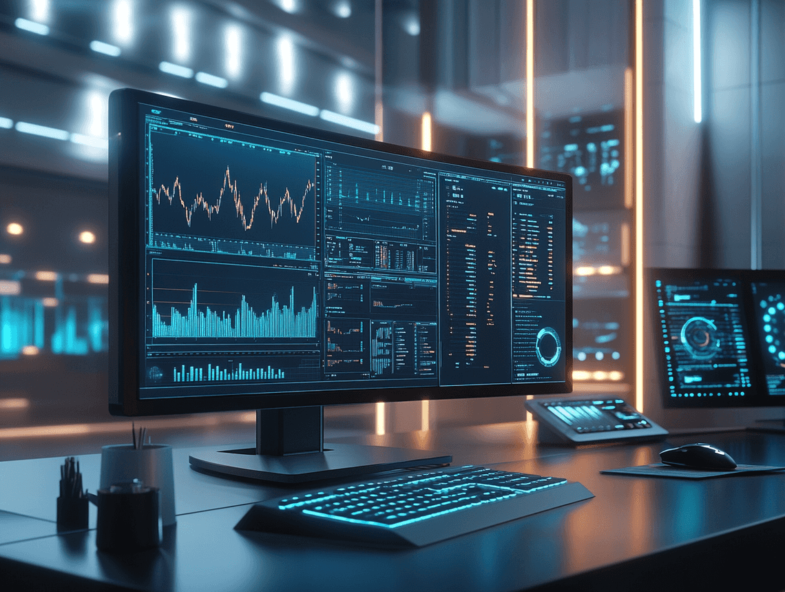 A futuristic financial graph with rising trends and data points