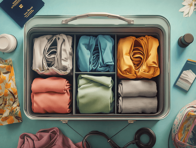 A vibrant set of packing cubes laid out on a bed