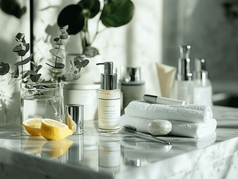 A cozy bedroom setup with a weighted blanket and a diffuser emitting a soft glow
