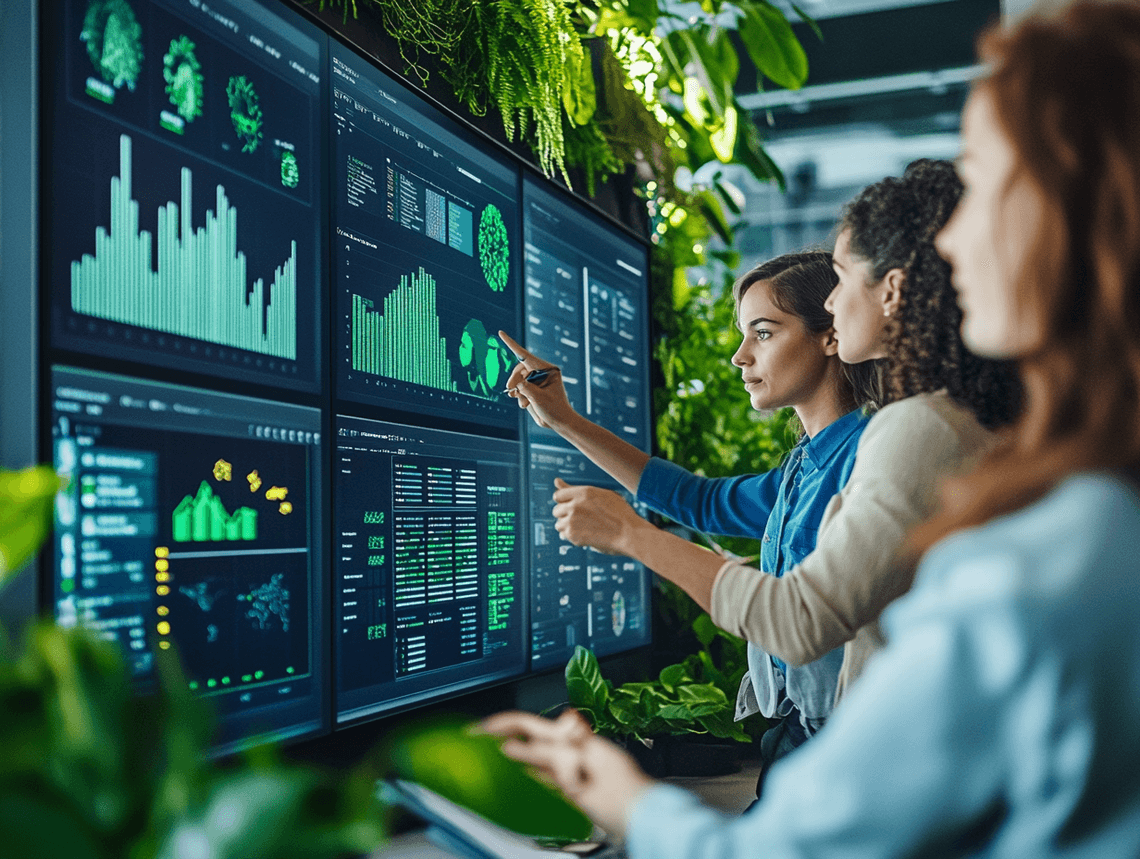 A group of professionals discussing ESG investment strategies in a modern office