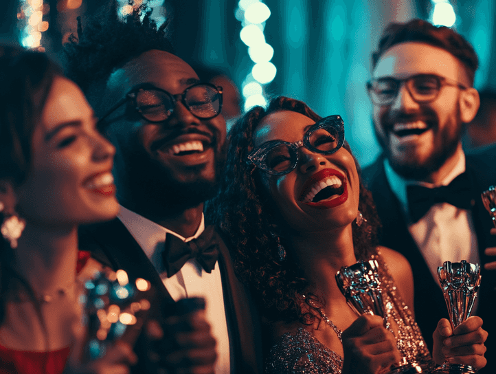 A diverse group of filmmakers celebrating their wins together