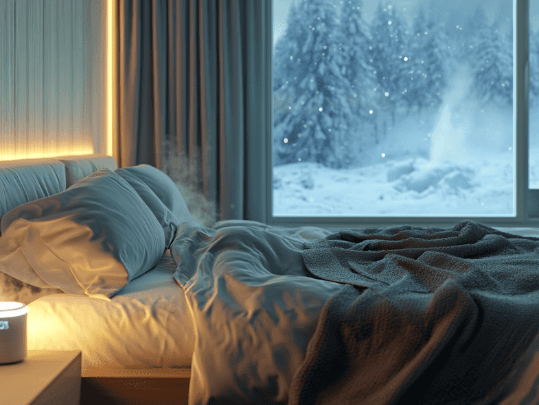 A person wearing a heated jacket while walking in a snowy forest