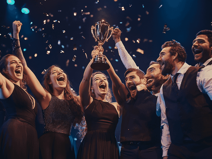 A group of actors celebrating on stage after receiving an award