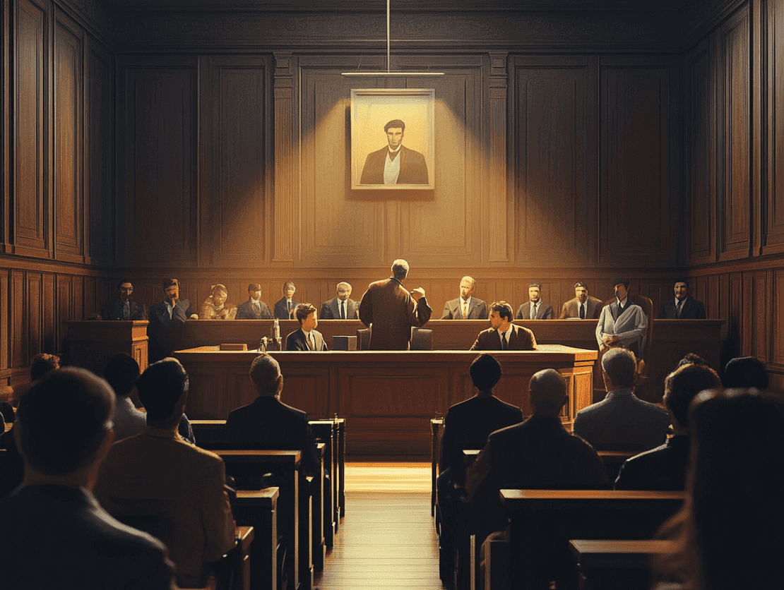 A dramatic image of a gavel striking a sound block in a courtroom