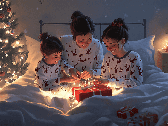 A family baking cookies in matching holiday pajamas
