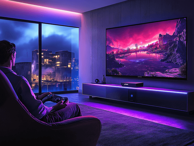 A family watching a movie in a cozy living room with the projector in action.