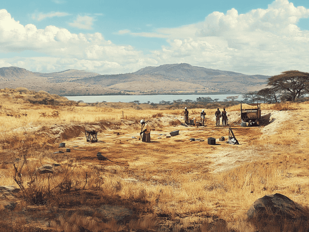 Detailed view of stone tools and fossilized bones at the excavation site