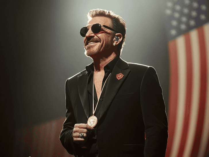 A close-up of Bono holding the Presidential Medal of Freedom, smiling warmly at the audience